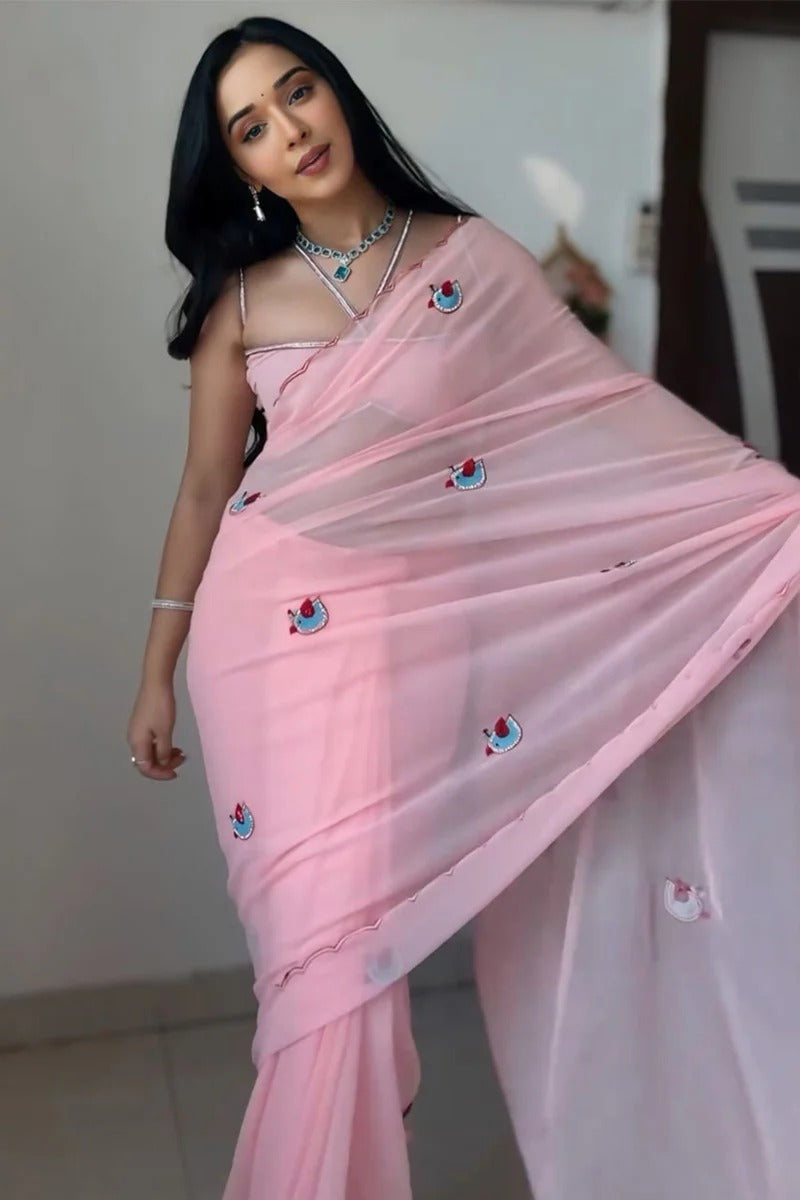 Cynosure 1 Minute Ready To Wear Pink Georgette Embroidery Work Saree