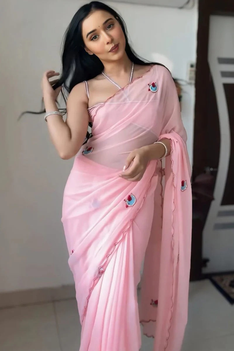 Cynosure 1 Minute Ready To Wear Pink Georgette Embroidery Work Saree