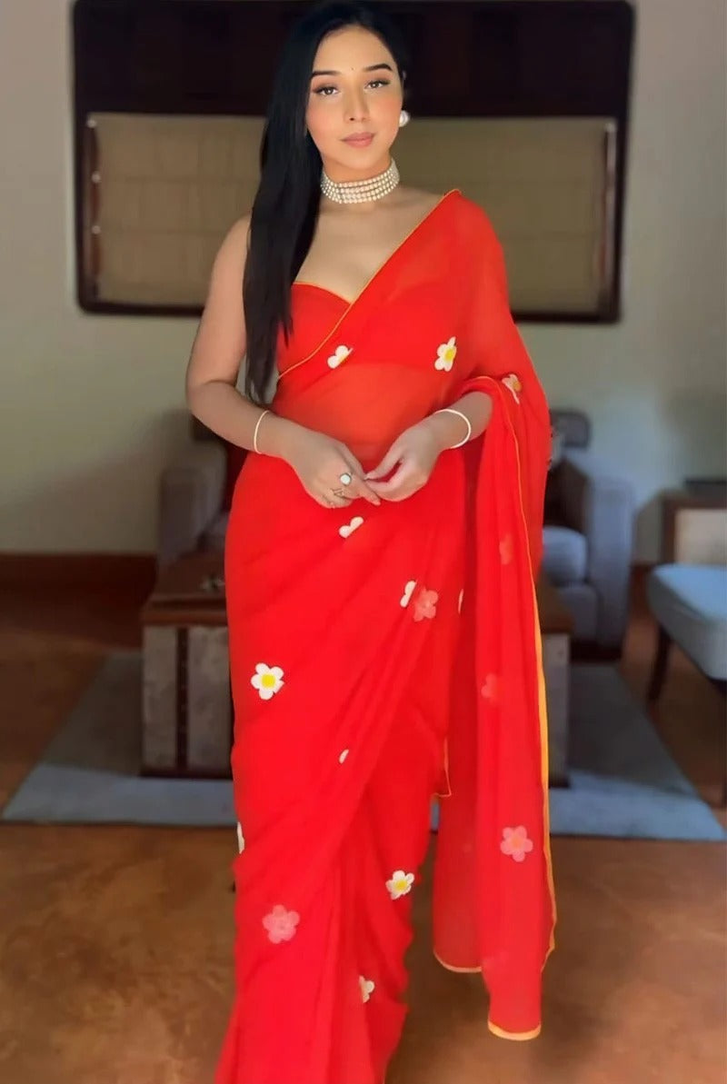 Designer 1 Minute Ready To Wear Red Georgette Embroidery Work Saree