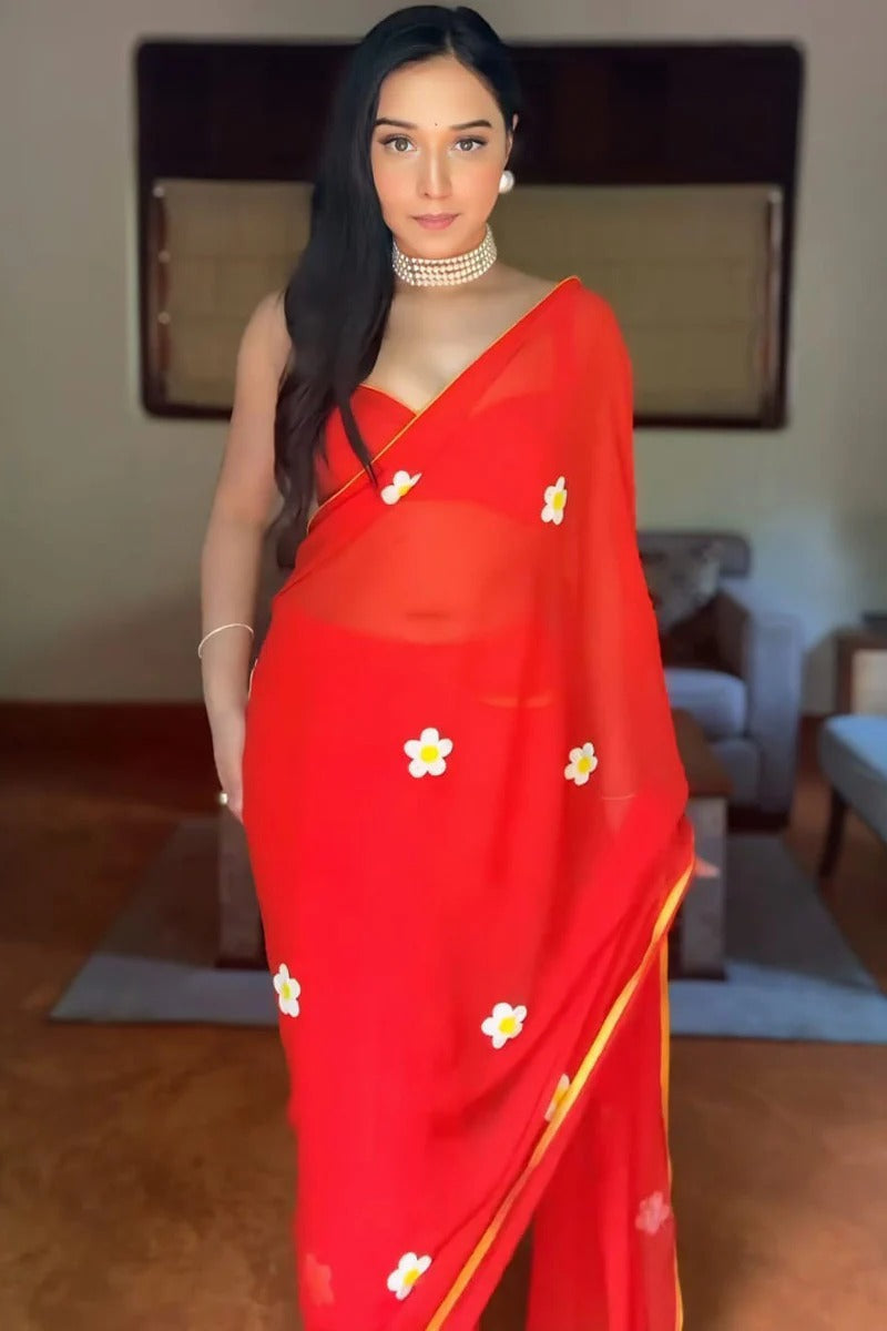 Designer 1 Minute Ready To Wear Red Georgette Embroidery Work Saree
