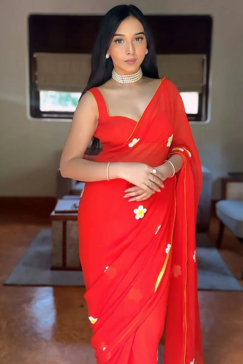 Designer 1 Minute Ready To Wear Red Georgette Embroidery Work Saree