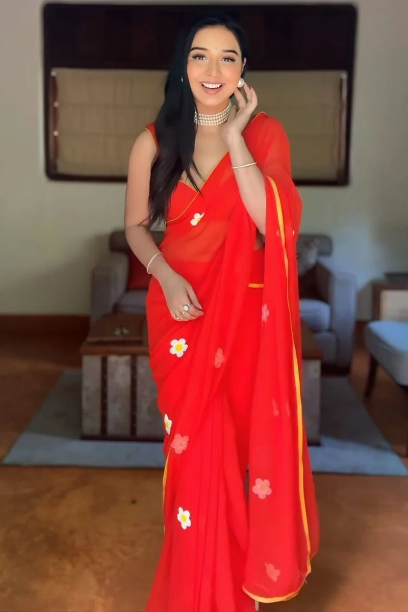 Designer 1 Minute Ready To Wear Red Georgette Embroidery Work Saree