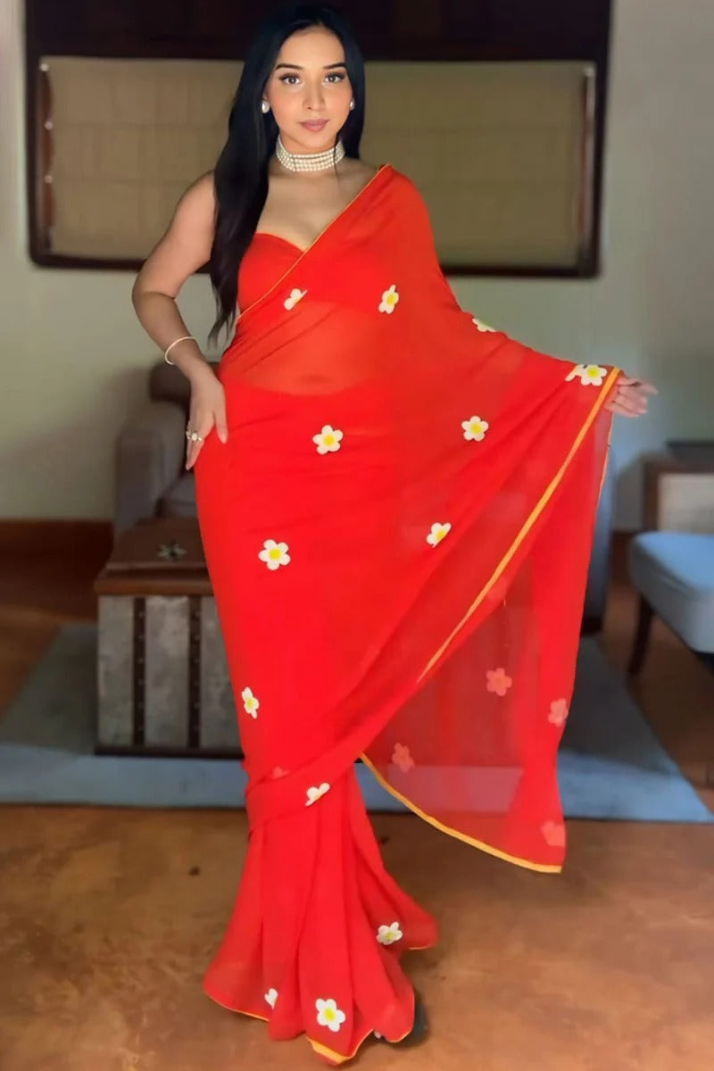 Designer 1 Minute Ready To Wear Red Georgette Embroidery Work Saree