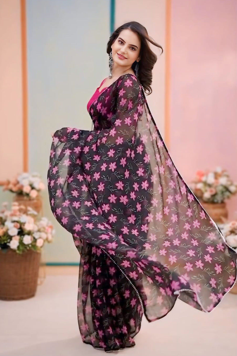 Staggering 1 Minute Ready To Wear Black Georgette Floral Digital Print Saree