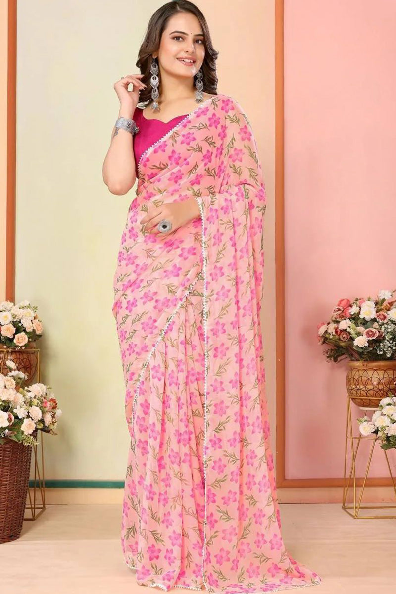 Desultory 1 Minute Ready To Wear Pink Georgette Floral Digital Print Saree
