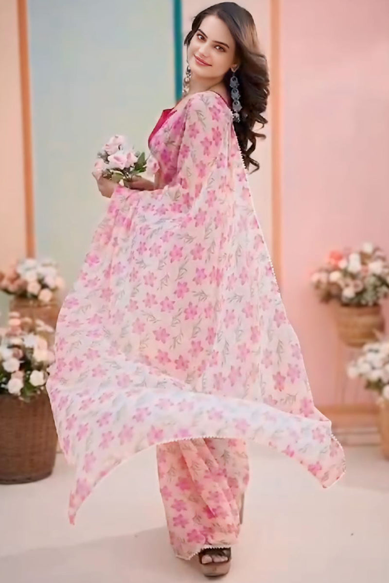 Desultory 1 Minute Ready To Wear Pink Georgette Floral Digital Print Saree