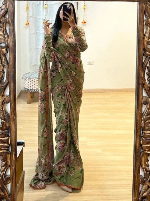 Desiring 1 Minute Ready To Wear Green Georgette Floral Digital Print Saree