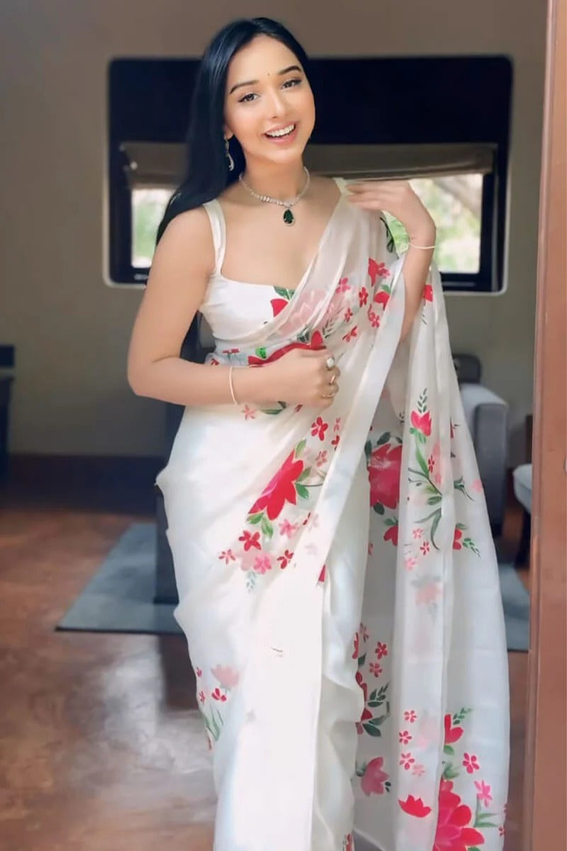 Engaging 1 Minute Ready To Wear White Organza Floral Digital Print Saree