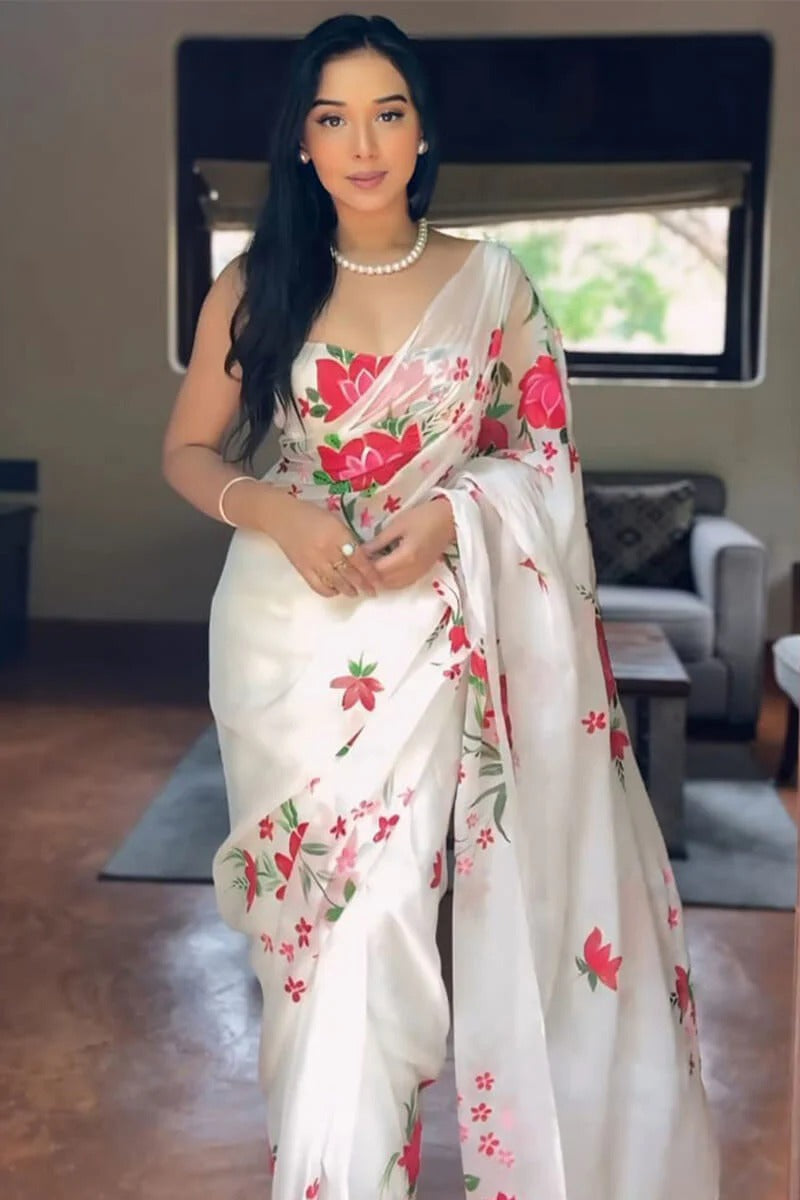 Engaging 1 Minute Ready To Wear White Organza Floral Digital Print Saree
