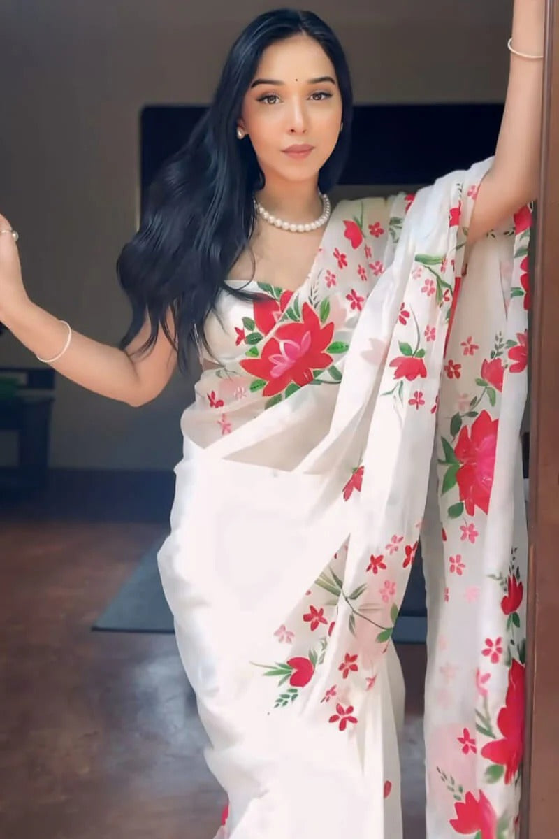 Engaging 1 Minute Ready To Wear White Organza Floral Digital Print Saree