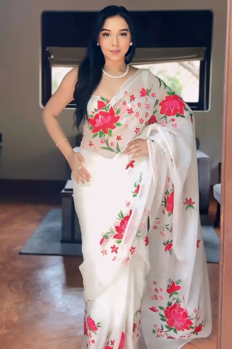 Engaging 1 Minute Ready To Wear White Organza Floral Digital Print Saree