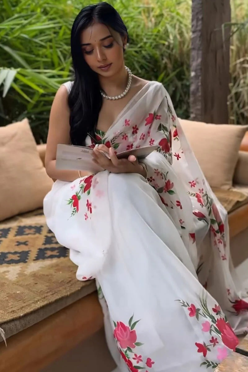 Engaging 1 Minute Ready To Wear White Organza Floral Digital Print Saree