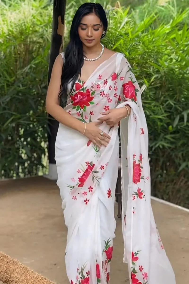 Engaging 1 Minute Ready To Wear White Organza Floral Digital Print Saree