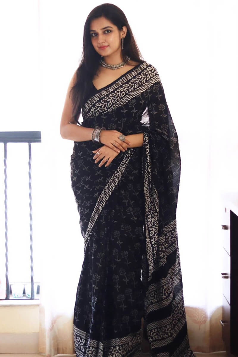 Assemblage 1 Minute Ready To Wear Black Cotton Digital Print Saree