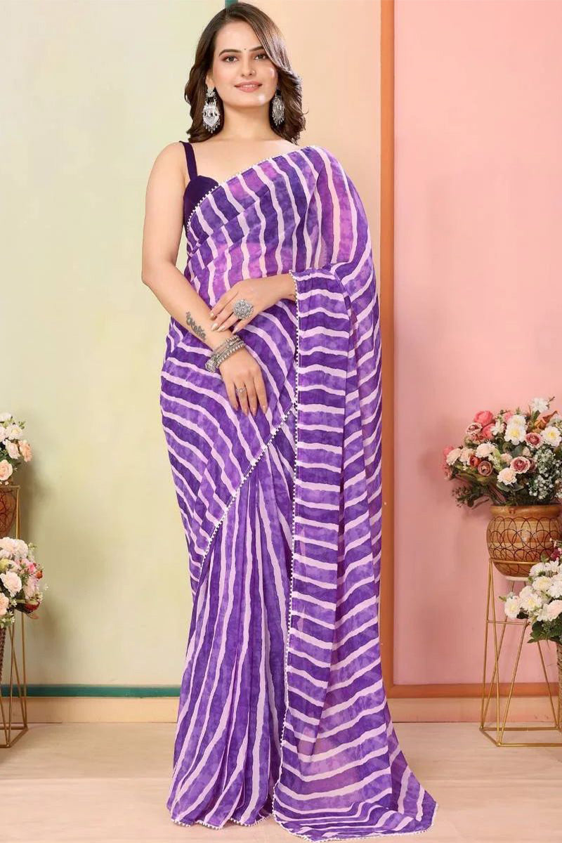Stunner 1 Minute Ready To Wear Purple Georgette Laheriya Digital Print Saree
