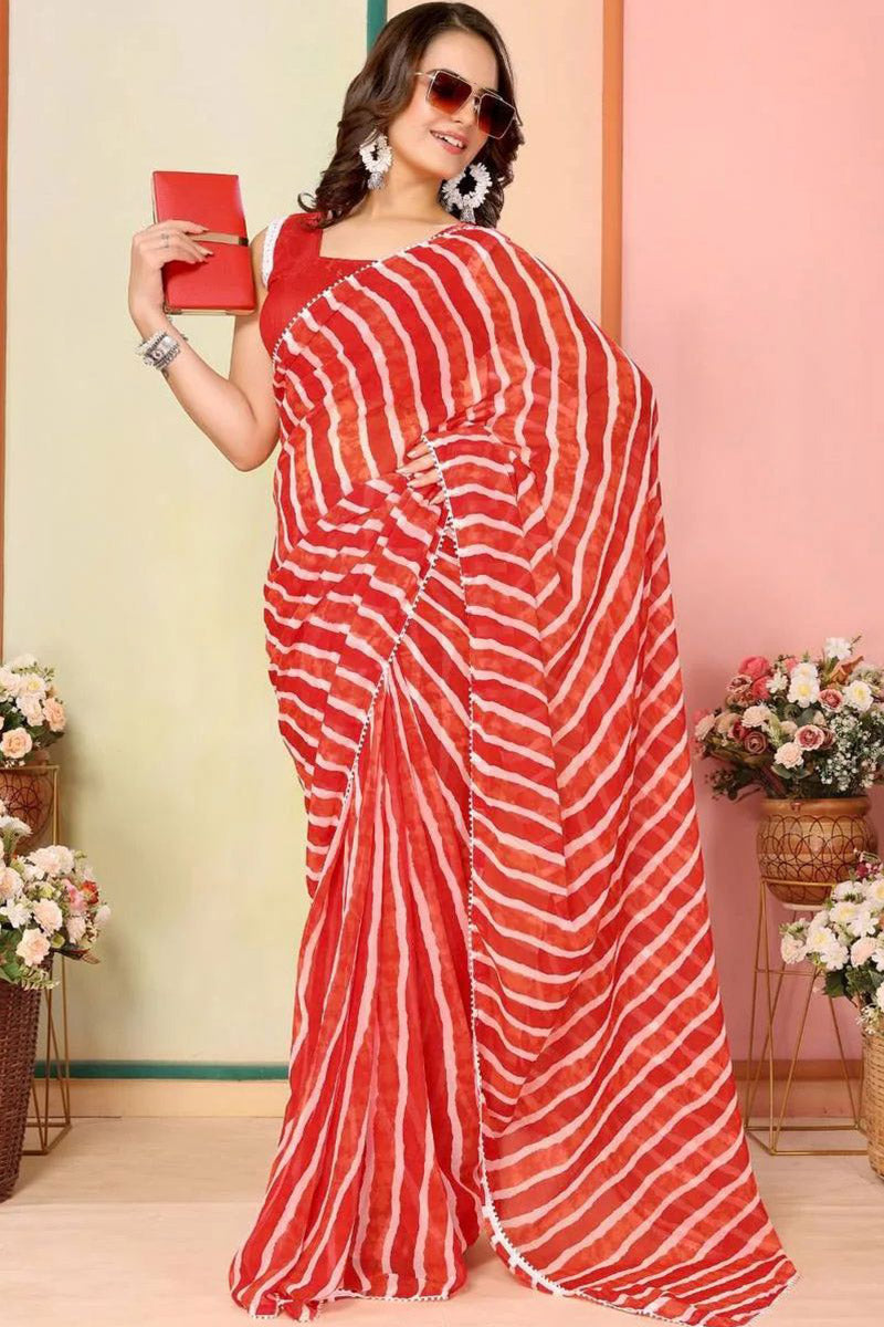 Ephemeral 1 Minute Ready To Wear Red Georgette Laheriya Digital Print Saree