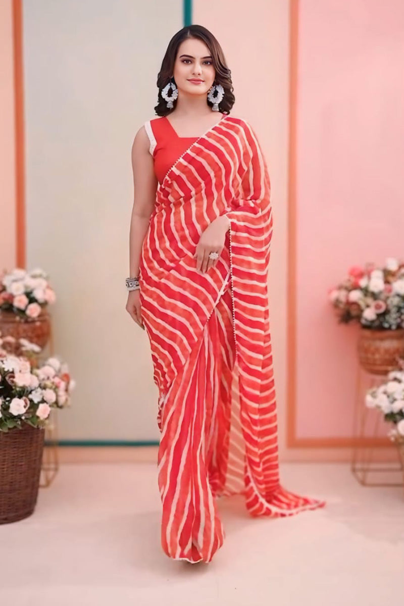 Ephemeral 1 Minute Ready To Wear Red Georgette Laheriya Digital Print Saree