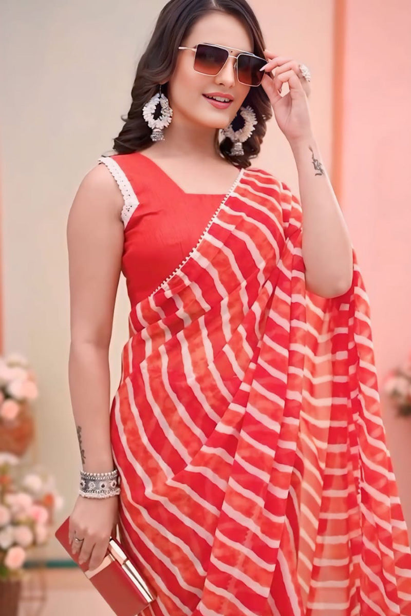 Ephemeral 1 Minute Ready To Wear Red Georgette Laheriya Digital Print Saree