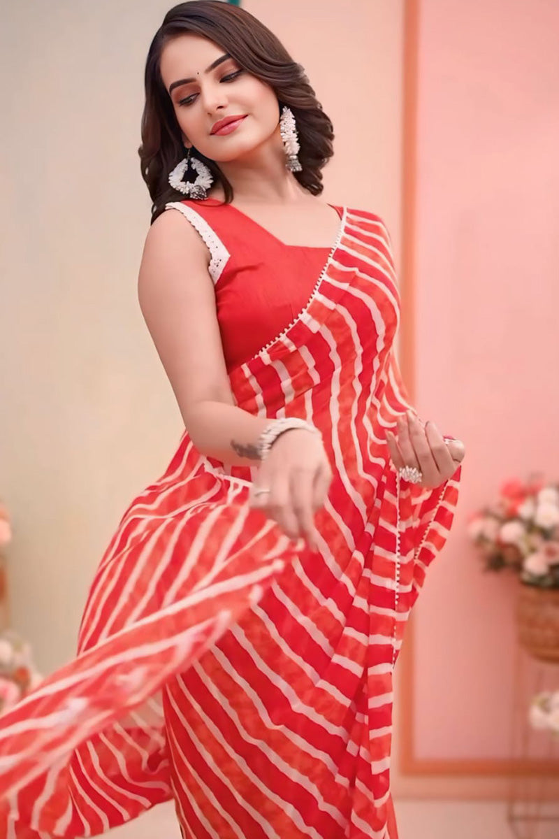 Ephemeral 1 Minute Ready To Wear Red Georgette Laheriya Digital Print Saree