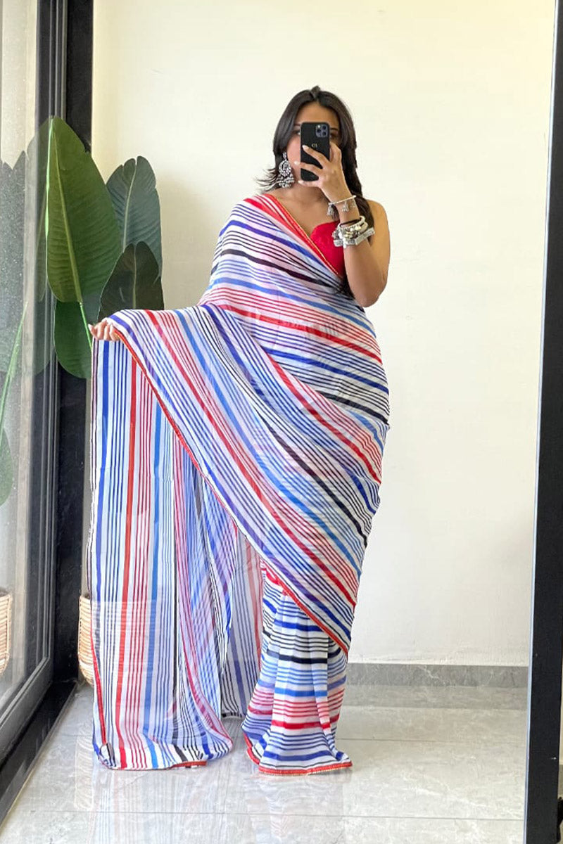 Super extravagant 1 Minute Ready To Wear Blue Georgette Laheriya Digital Print Saree