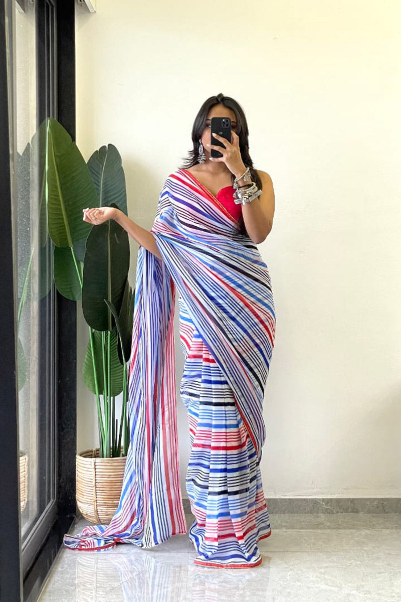 Super extravagant 1 Minute Ready To Wear Blue Georgette Laheriya Digital Print Saree