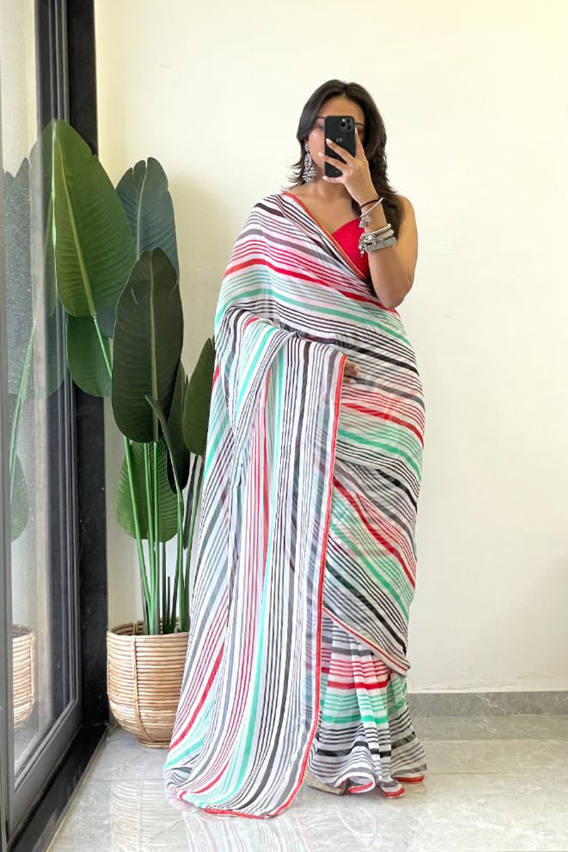 Proficient 1 Minute Ready To Wear Green Georgette Laheriya Digital Print Saree