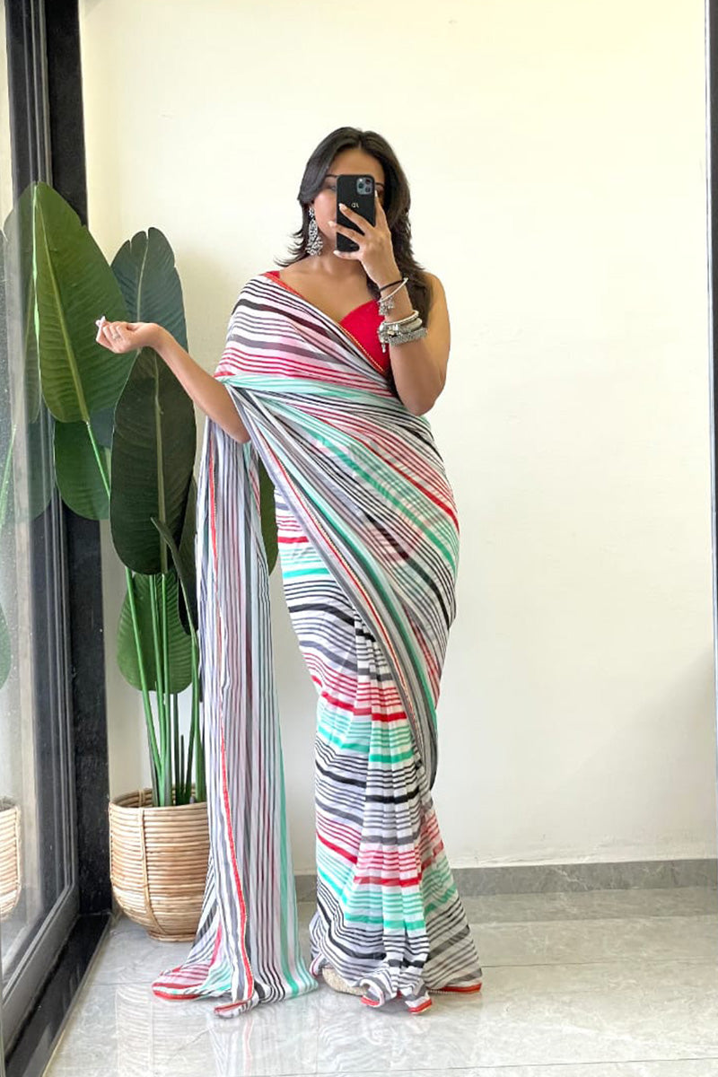 Proficient 1 Minute Ready To Wear Green Georgette Laheriya Digital Print Saree