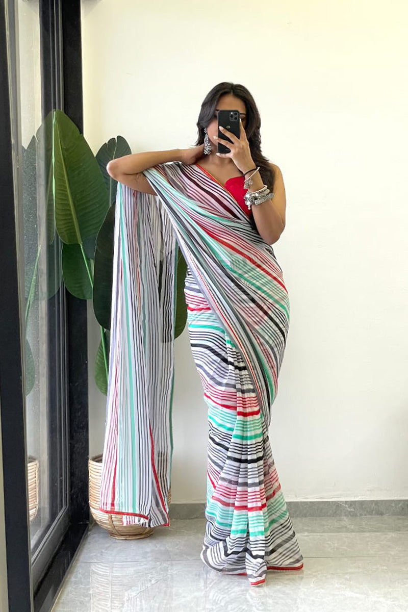 Proficient 1 Minute Ready To Wear Green Georgette Laheriya Digital Print Saree