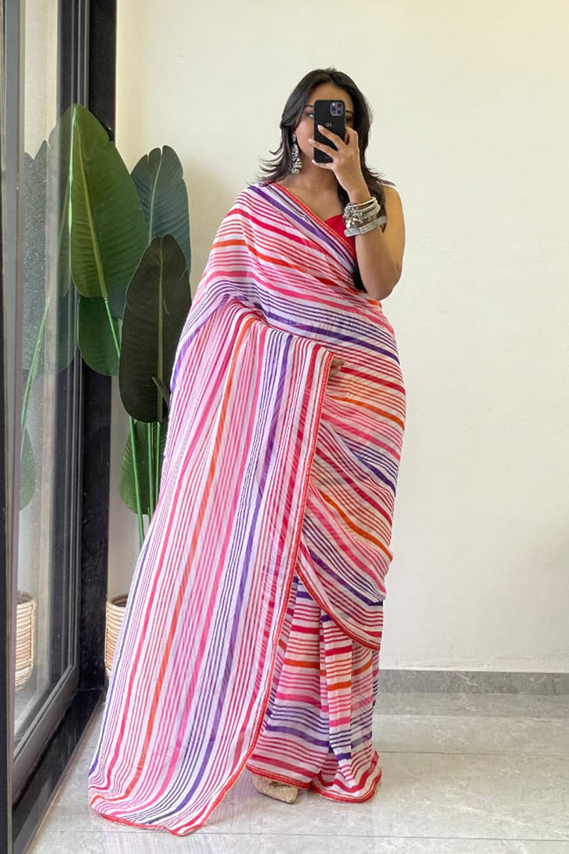Devastating 1 Minute Ready To Wear Pink Georgette Laheriya Digital Print Saree