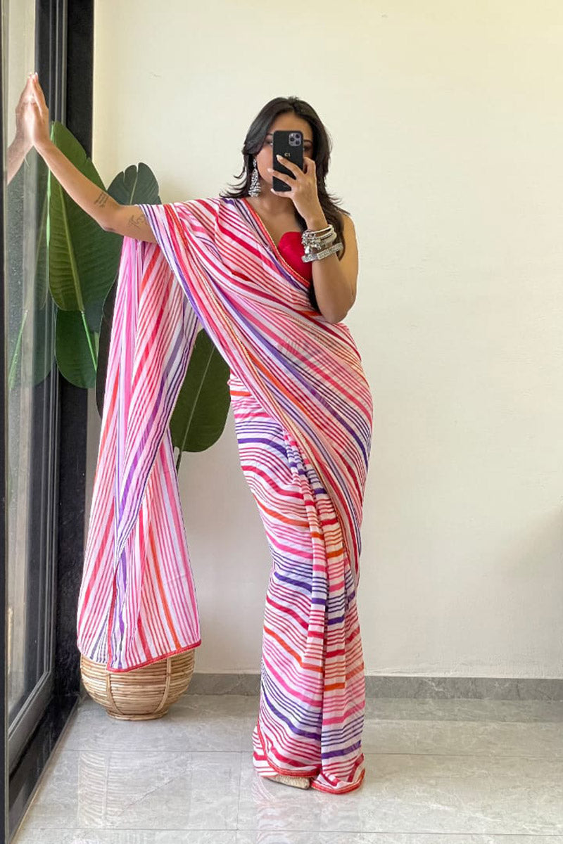 Devastating 1 Minute Ready To Wear Pink Georgette Laheriya Digital Print Saree