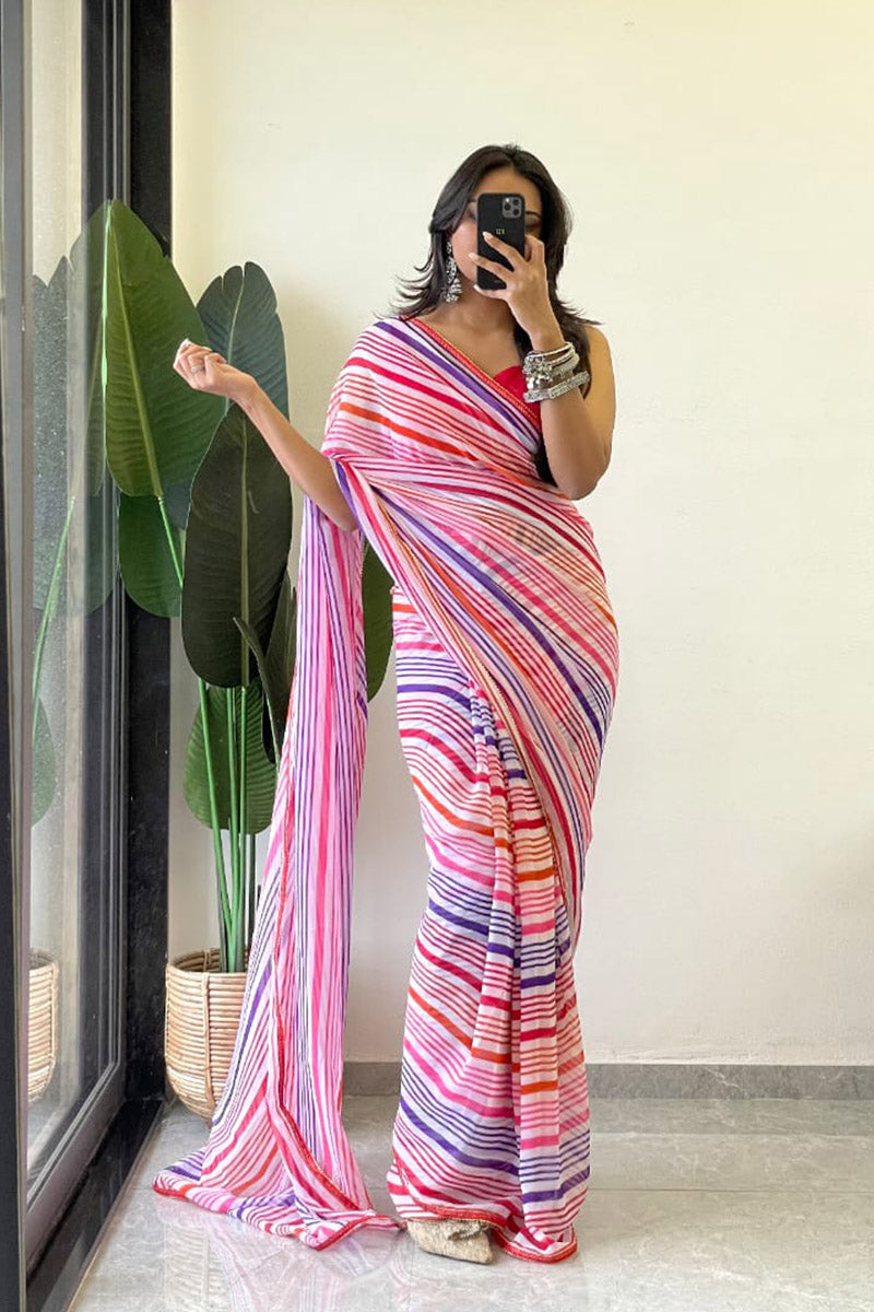 Devastating 1 Minute Ready To Wear Pink Georgette Laheriya Digital Print Saree