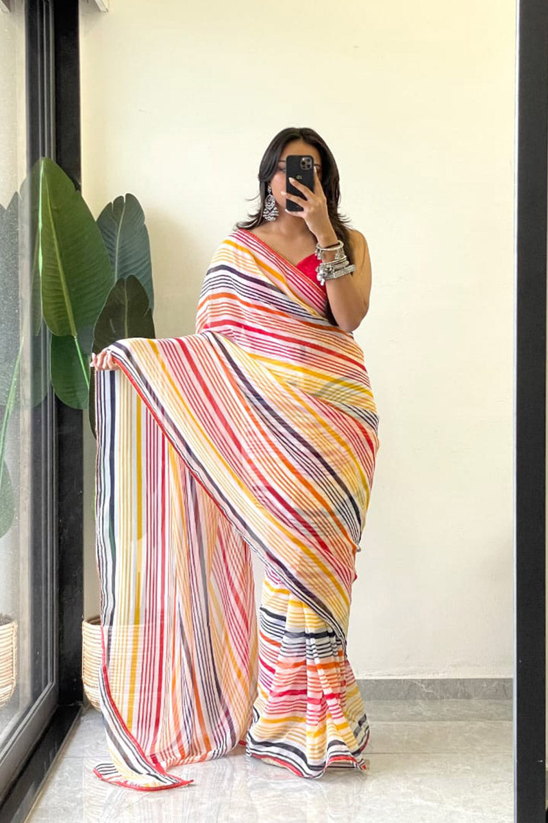 Snazzy 1 Minute Ready To Wear Yellow Georgette Laheriya Digital Print Saree