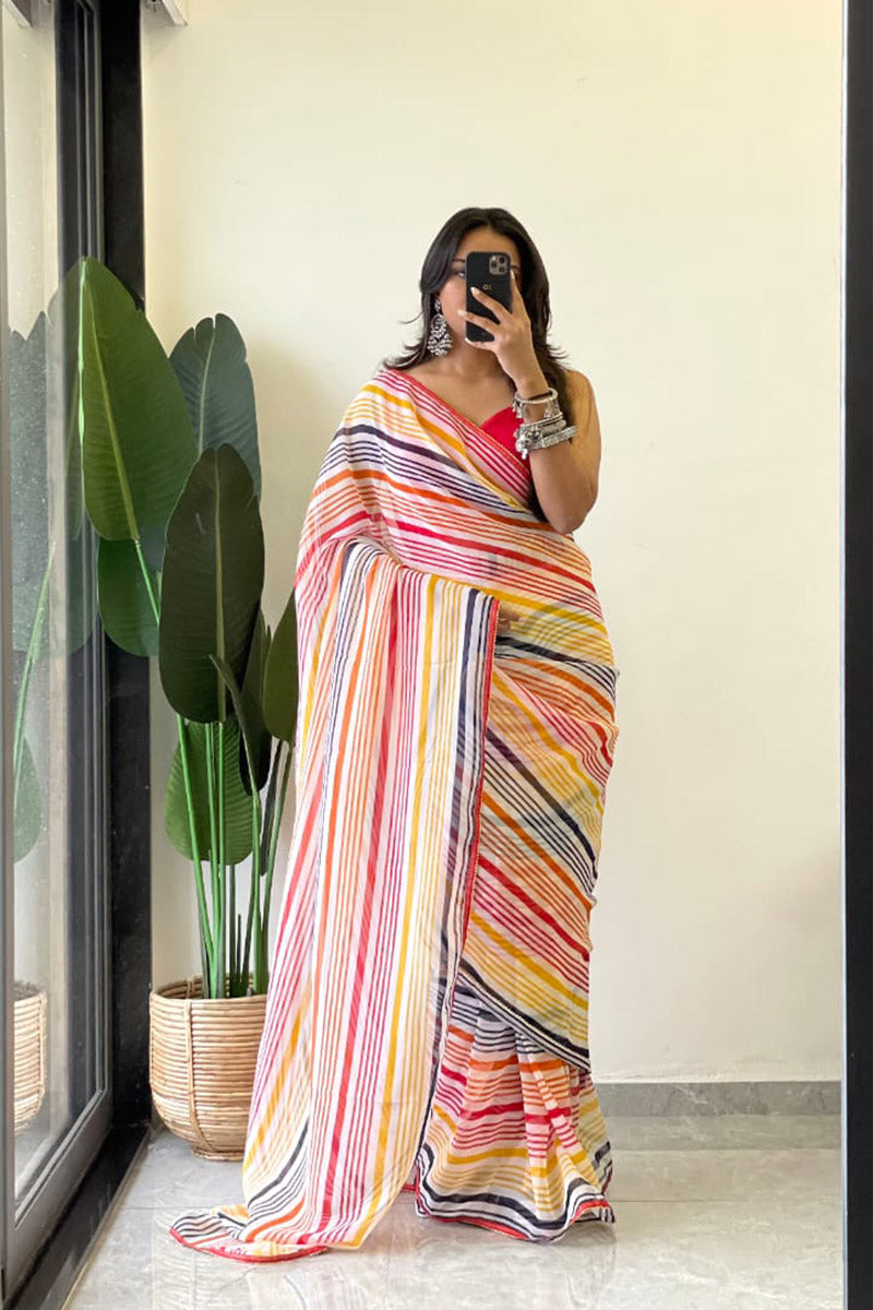 Snazzy 1 Minute Ready To Wear Yellow Georgette Laheriya Digital Print Saree