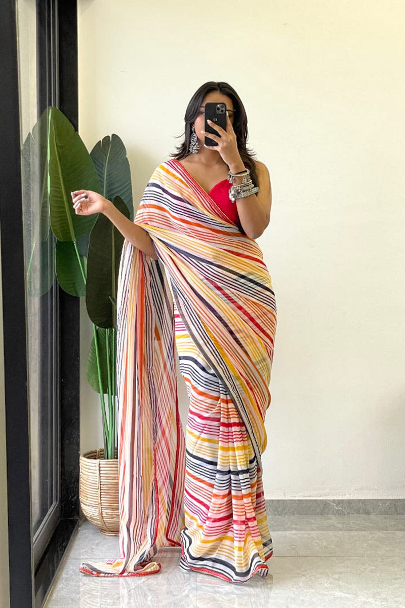Snazzy 1 Minute Ready To Wear Yellow Georgette Laheriya Digital Print Saree