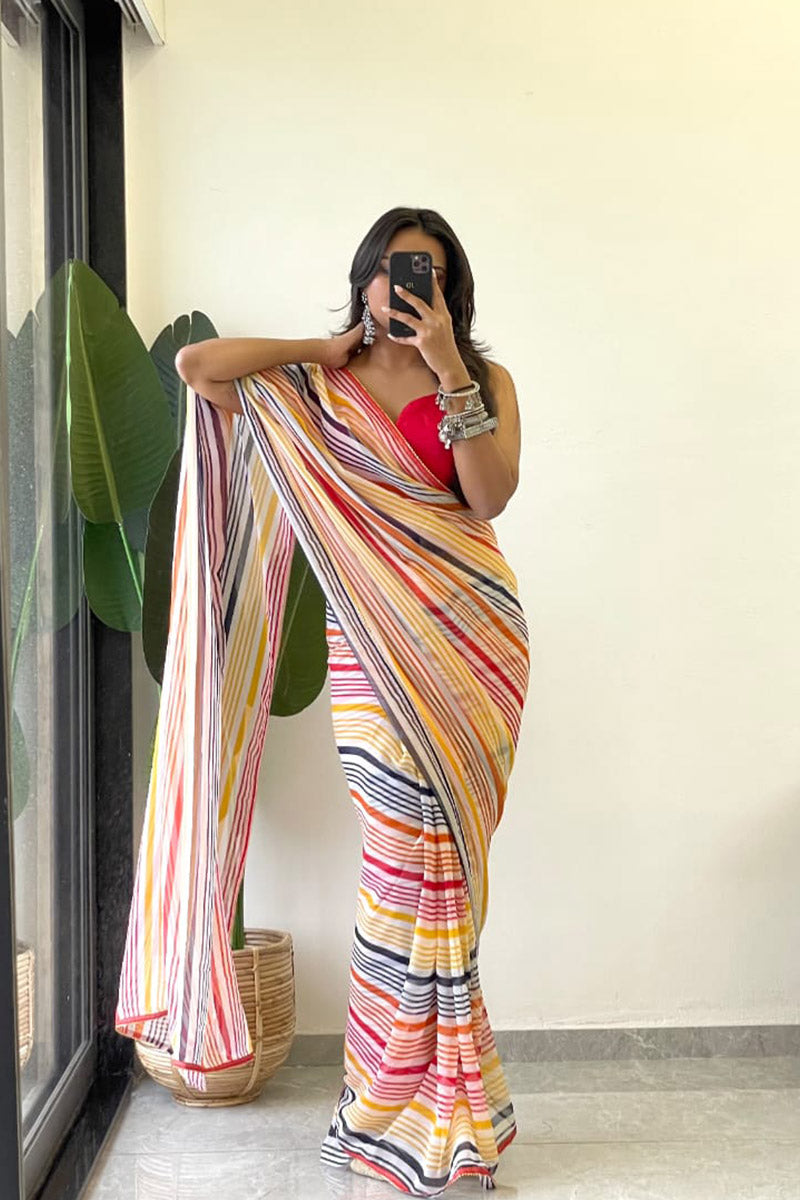 Snazzy 1 Minute Ready To Wear Yellow Georgette Laheriya Digital Print Saree