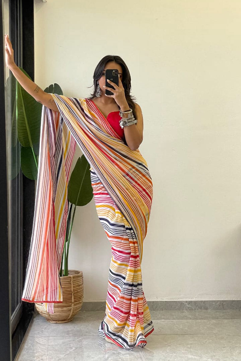 Snazzy 1 Minute Ready To Wear Yellow Georgette Laheriya Digital Print Saree