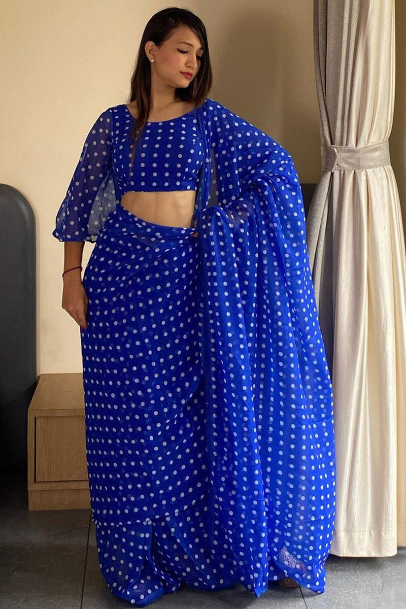 Appealing 1 Minute Ready To Wear Blue Georgette Digital Printed Saree