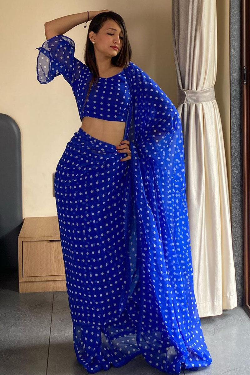 Appealing 1 Minute Ready To Wear Blue Georgette Digital Printed Saree
