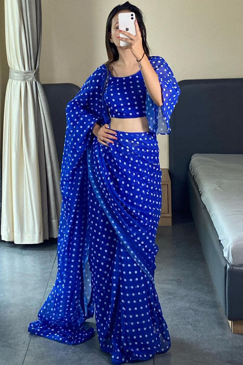 Appealing 1 Minute Ready To Wear Blue Georgette Digital Printed Saree