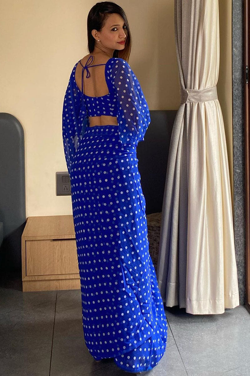 Appealing 1 Minute Ready To Wear Blue Georgette Digital Printed Saree