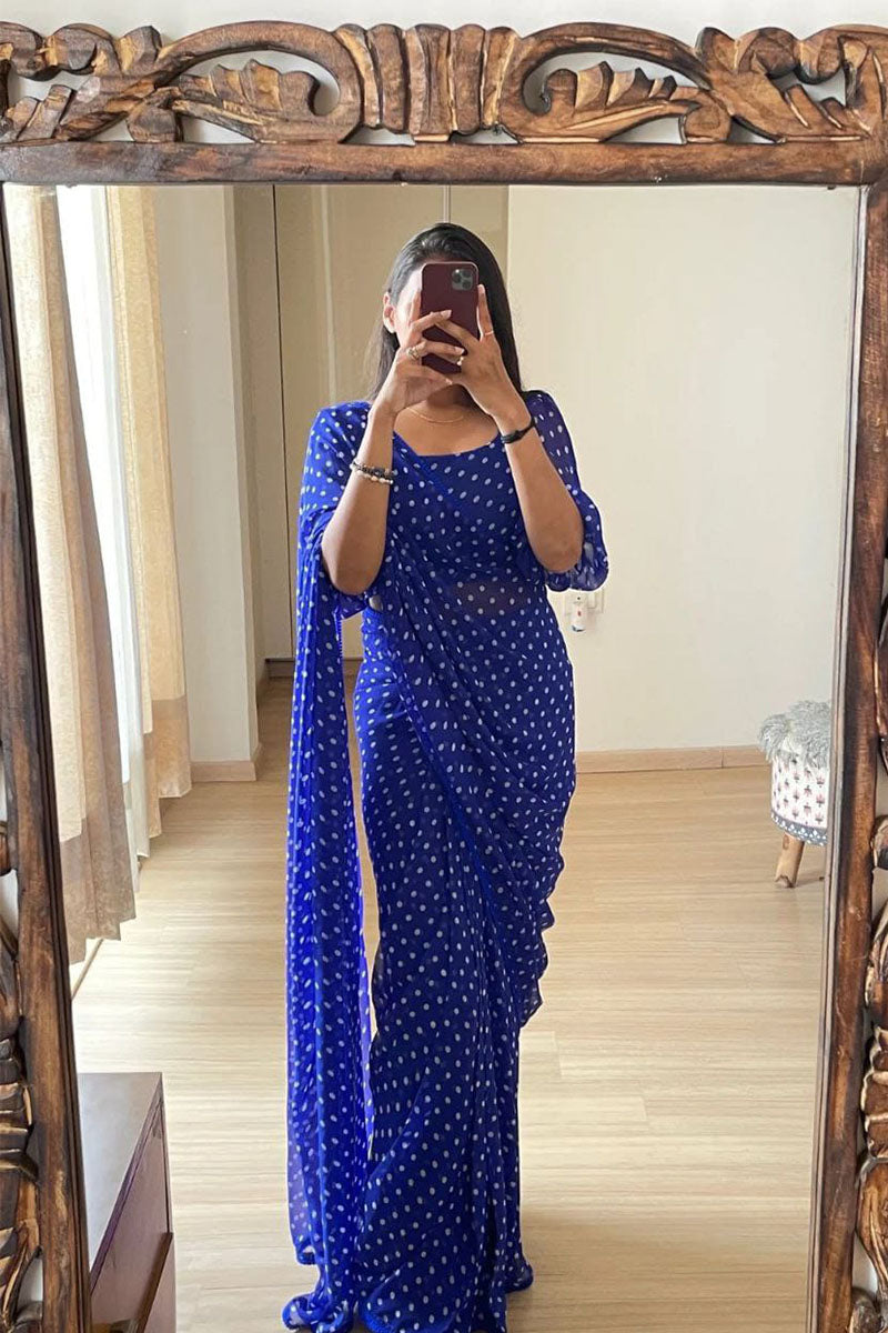 Appealing 1 Minute Ready To Wear Blue Georgette Digital Printed Saree