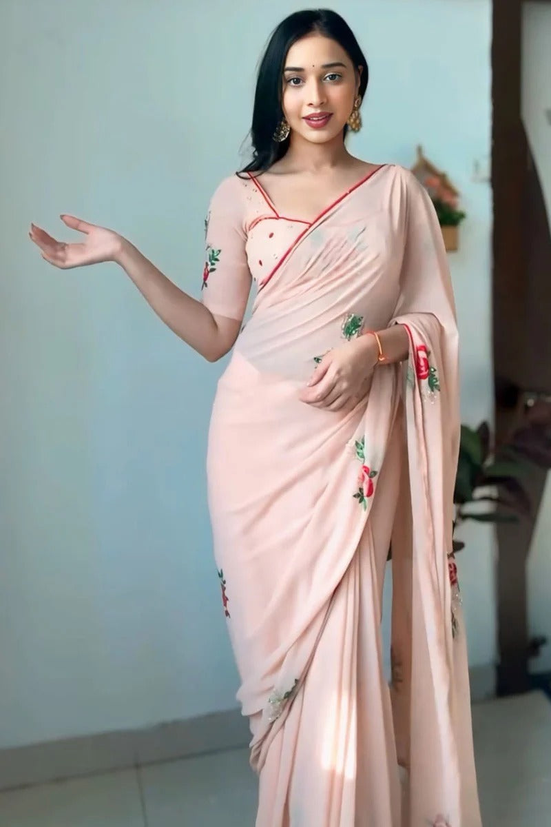 Splendorous 1 Minute Ready To Wear Peach Georgette Embroidery Work Saree