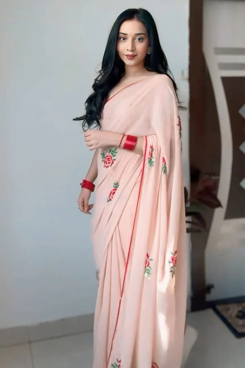 Splendorous 1 Minute Ready To Wear Peach Georgette Embroidery Work Saree