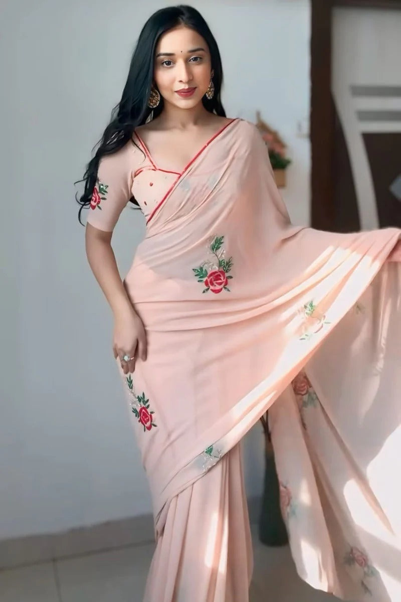 Splendorous 1 Minute Ready To Wear Peach Georgette Embroidery Work Saree