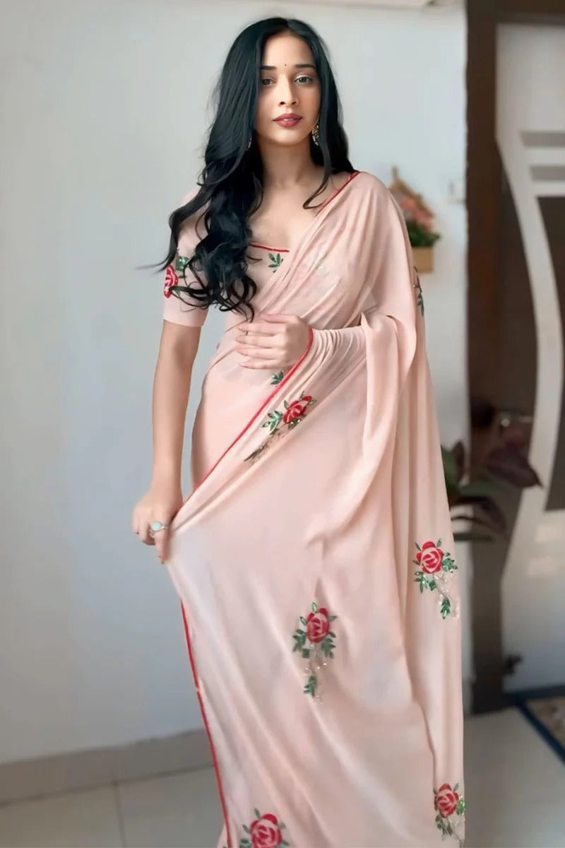 Splendorous 1 Minute Ready To Wear Peach Georgette Embroidery Work Saree