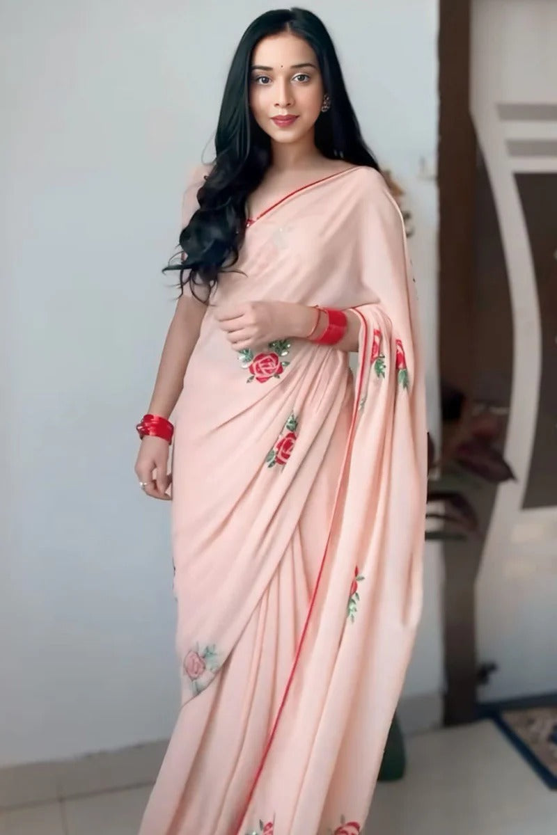 Splendorous 1 Minute Ready To Wear Peach Georgette Embroidery Work Saree