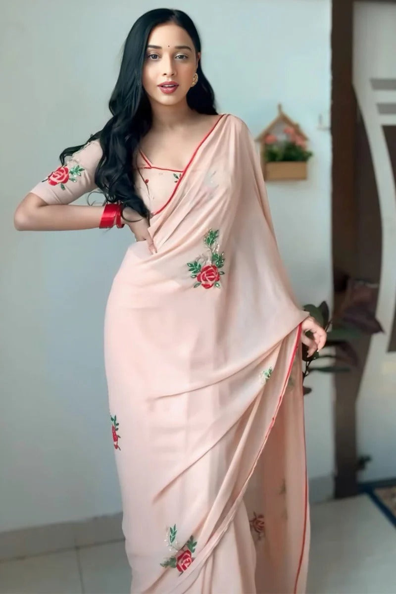 Splendorous 1 Minute Ready To Wear Peach Georgette Embroidery Work Saree