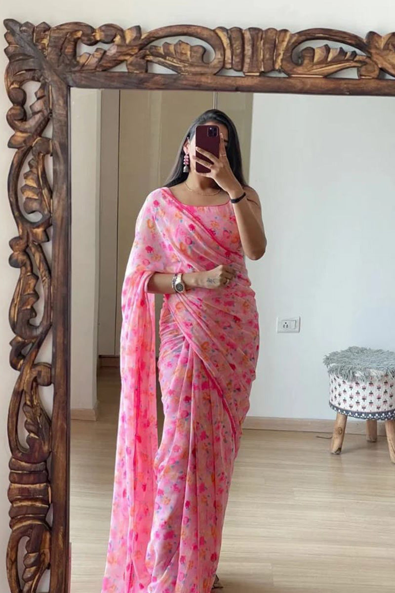 Propinquity 1 Minute Ready To Wear Pink Georgette Floral Digital Printed Saree