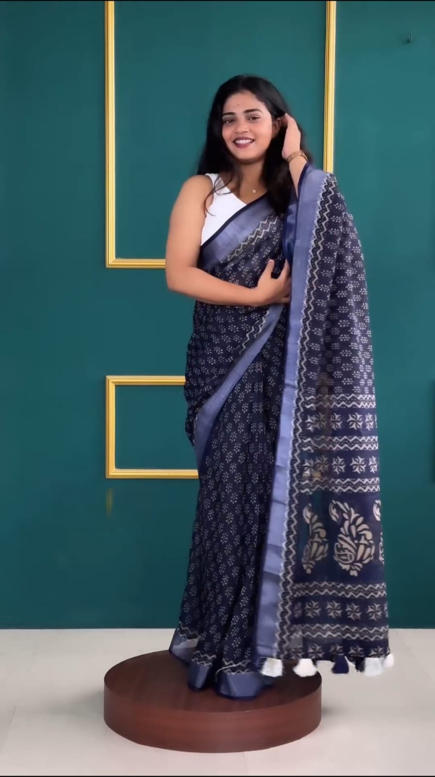 Attractive 1 Minute Ready To Wear Blue Cotton Digital Print Saree