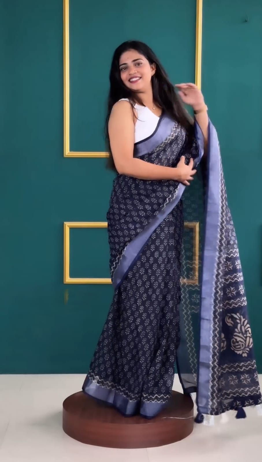 Attractive 1 Minute Ready To Wear Blue Cotton Digital Print Saree